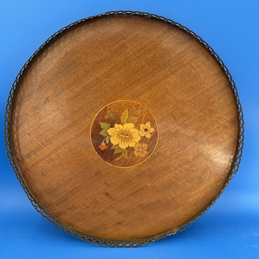 Vintage 1950s Italian Sorrento Marquetry Floral Wood Brass Gallery Tray 13"